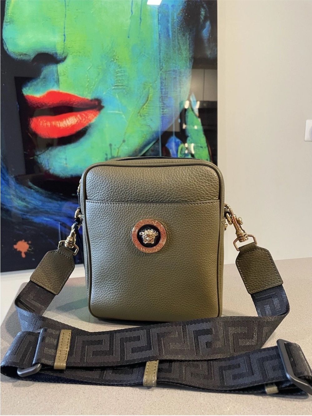 Versace Olive Green Pebbled Leather Crossbody with Gold Medallion